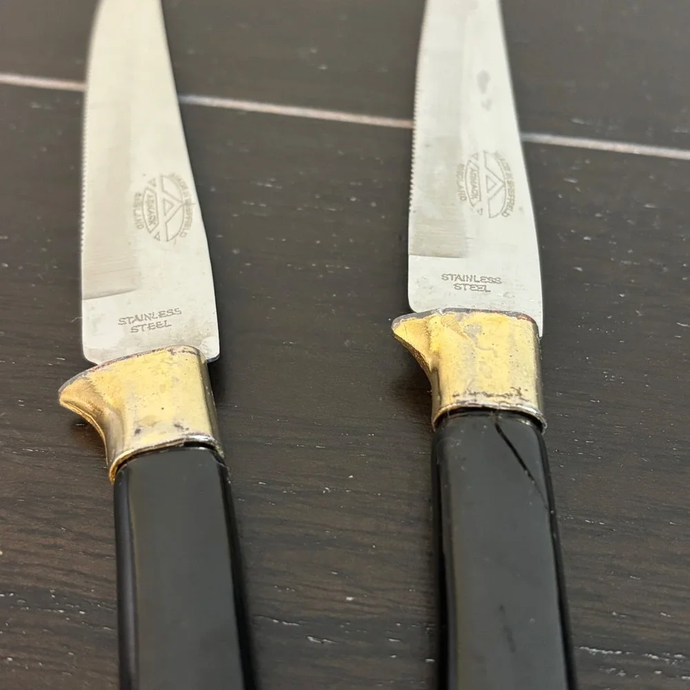 Vintage Armack Sheffield‎ England Steak Knife Set 5pc Black Gold Stainless Steel